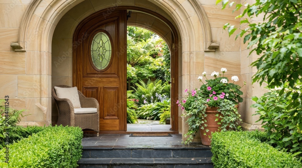 Fototapeta premium Elegant Entrance - A Wooden Doorway Welcoming to a Lush Green Garden.