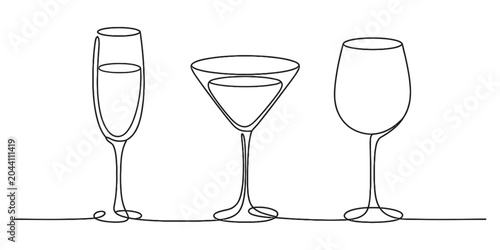 Photos Continuous single line drawing of three different elegant wine and cocktail glas