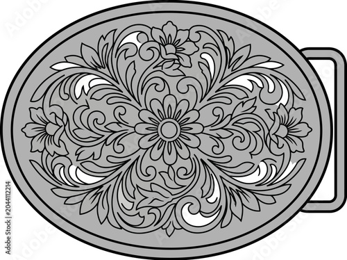 Black and white illustration of an ornate belt buckle with floral design on a plain background.