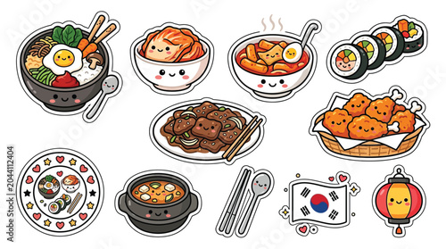 Obraz na plátne Cute Kawaii Korean Food Stickers with Adorable Faces.