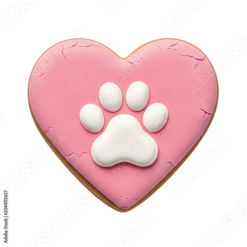Pink heart cookie with white paw print icing isolated on transparent background