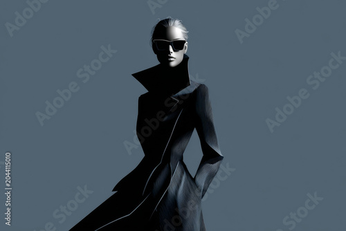 Fashion illustration of a stylish female figure wearing sunglasses and a sleek black coat against a minimalist gray background, showcasing modern elegance and sophistication