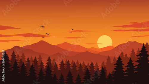 Flat design mountain landscape vector illustration with orange sunset sky and pine forest silhouette