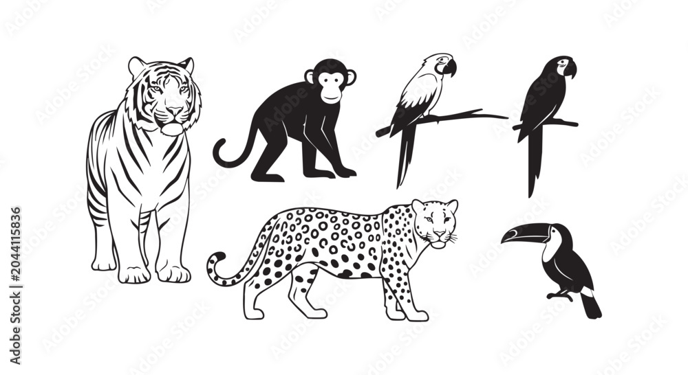 Obraz premium Wild animals set. tiger, monkey, parrots, leopard, toucan. jungle wildlife silhouettes and outlined creatures collection.