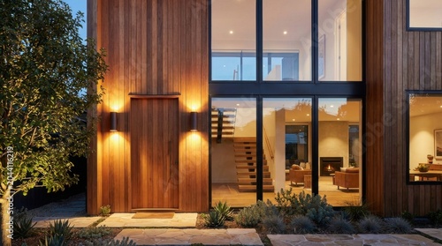 Modern Wooden House Exterior with Large Glass Windows and Warm Lighting.
