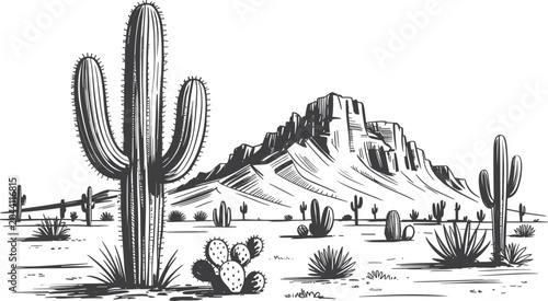 Photos Desert landscape illustration with cactus plants, vintage engraved southwestern