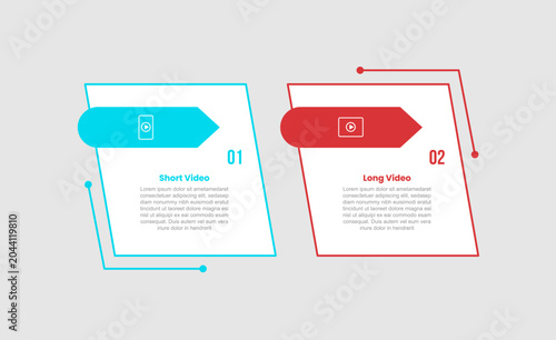 Fotografía short vs long videos infographic template with skew rectangle box with arrow bad