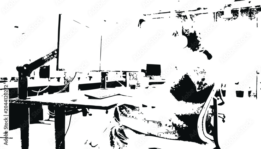 Fototapeta premium Modern office workspace with person working at computer desk, high contrast illustration
