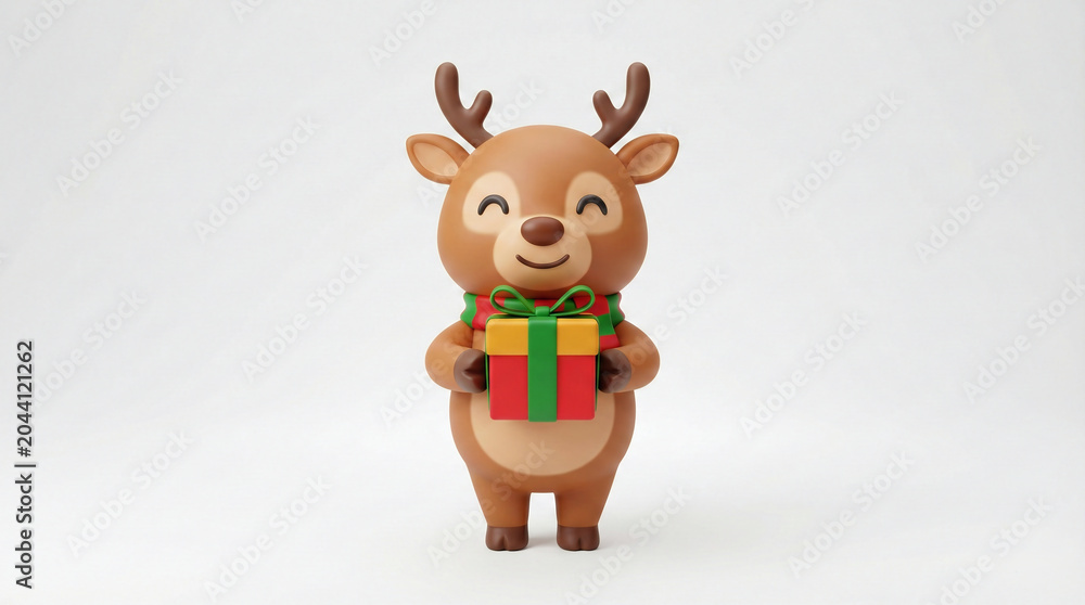 Obraz premium Cute 3D reindeer carrying a small wrapped gift box, cheerful expression, smooth cartoon modeling, isolated on white background