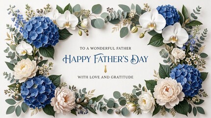 Father's Day Floral Border with Hydrangeas and Orchids, Elegant Greeting Card Design