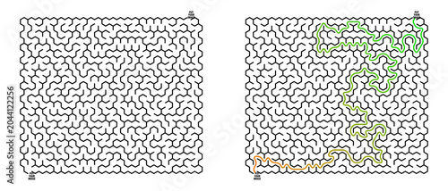 Labyrinth game grid design with colored path illustration  