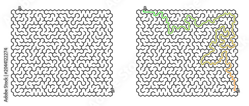 Maze game grid illustration with path solution in color  
