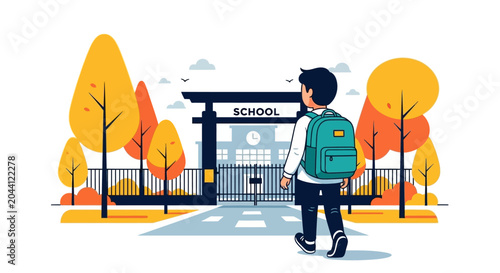 Foto A young schoolboy wearing a green backpack walking towards the school gate
