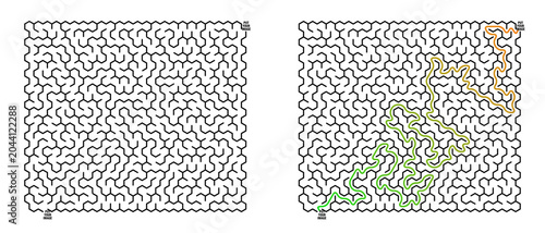 Labyrinth game grid with pathways marked in green and orange  
