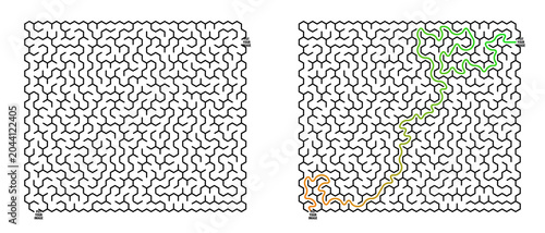 Labyrinth game grid with paths illustrated in orange and green  