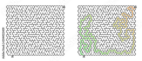 Labyrinth game grid with path highlighted in green and orange  