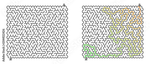 Maze labyrinth grid design with highlighted path solution  