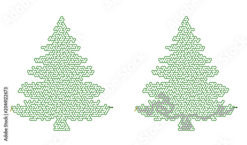 Geometric maze pattern of Christmas trees in green color  