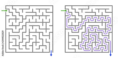 Maze puzzle design with solution path on a white background  
