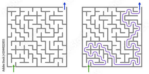 Maze puzzle with solution paths in black and purple lines  