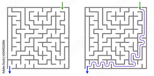 Maze design with solution path highlighted in purple  