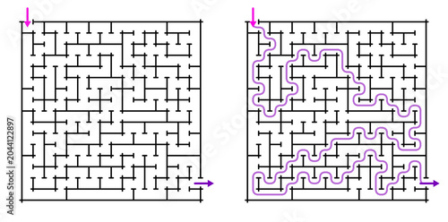 Maze design with solution path illustrated in purple on paper  