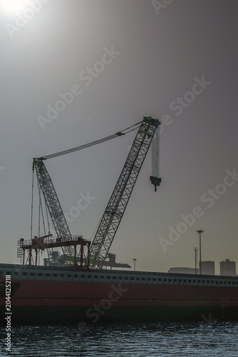 In the harbor, a giant industrial crane. Steel cables and pulleys. boom and hook. harbor crane. Gray sky background. Silhouette image.