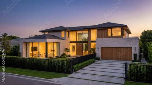 Luxurious Modern Home with Driveway and Evening Sky, Architectural Design.