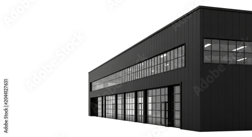 sleek, imposing matte black industrial warehouse with large glass windows and loading doors, detailed in high-contrast archviz on a transparent background. concept for sophisticated real estate