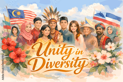 Watercolor illustration of diverse Malaysian people in traditional attire celebrating unity and cultural harmony with flags and flowers.
