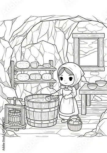 Cartoon girl in rustic kitchen preparing food in wooden barrel.