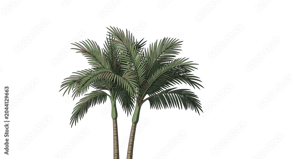 Fototapeta premium pair of tall palm trees with lush green fronds is depicted against a white background, evoking a tropical summer vibe for travel and beach themes.
