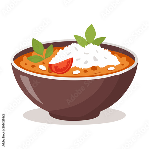 Flat design illustration of a bowl of rice with curry and garnish