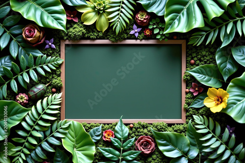 Lush Tropical Frame with Green Chalkboard and Colorful Foliage