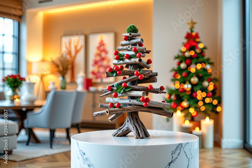 Festive Holiday Scene with Decorated Christmas Tree and Handmade Wooden