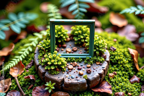 Charming Garden Scene with Empty Picture Frame and Greenery