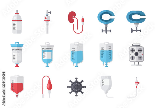 Foto Dialysis treatment icons with kidney diagram and medical iv bags