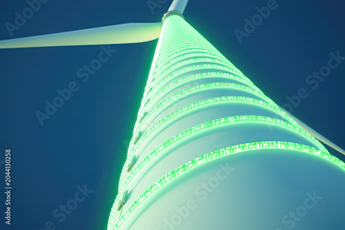 Futuristic Greenlit Tower with Wind Turbine Night