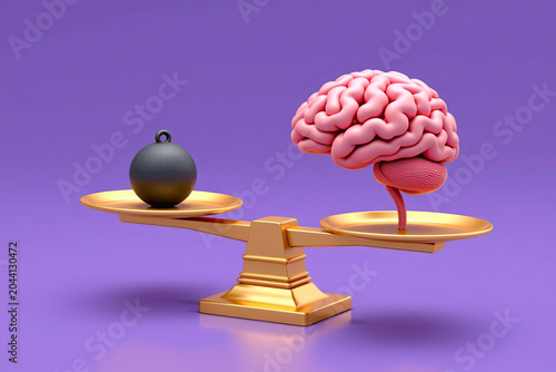 Balanced Scale Comparing Brain and Sphere Against Purple Background