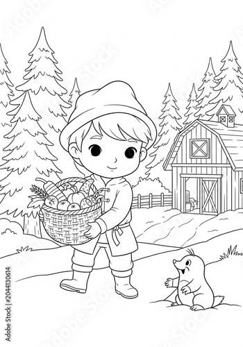 Cute child holding basket with pet in forest farm scene.