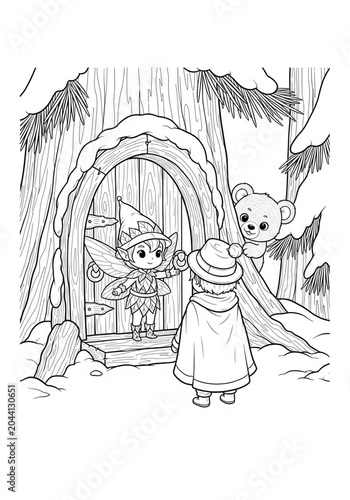 Whimsical fairy tale characters at magical treehouse entrance.