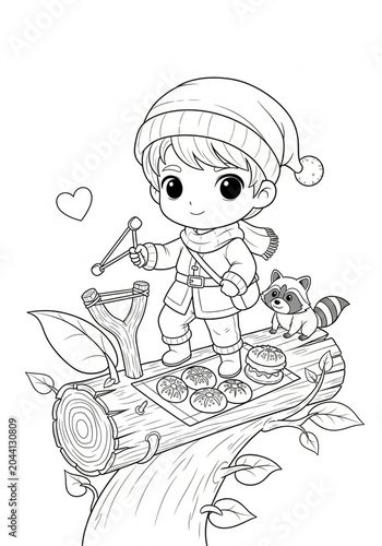Cute Elf Child Playing with Animals on Wooden Log.