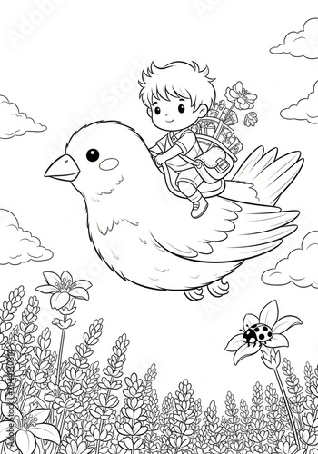 Young Boy Riding Giant Bird Over Flowery Meadow Illustration.