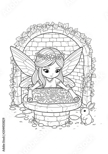 Whimsical Fairy with Rabbit in Enchanted Garden Scene Coloring Page.