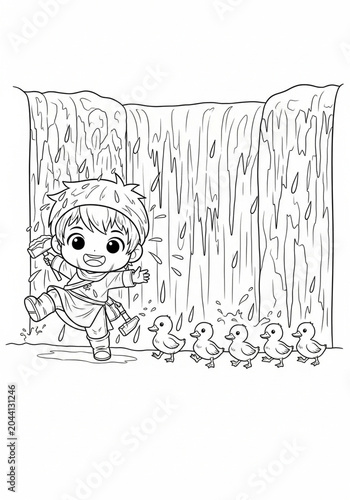 Playful Child with Ducklings Near Waterfall Illustration Outline.