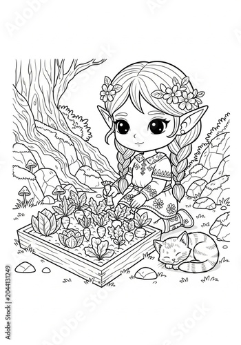 Whimsical Elf Girl Gardening in Enchanted Forest Setting.