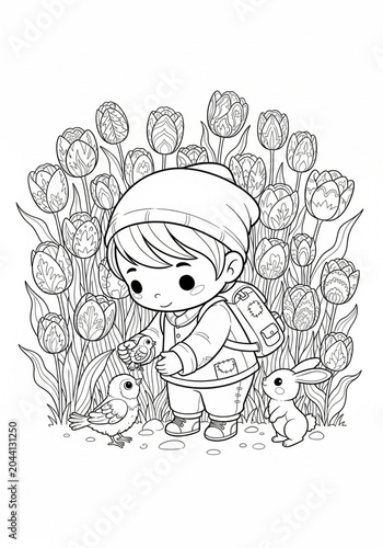Cute Child Coloring Page With Tulips And Ducklings.