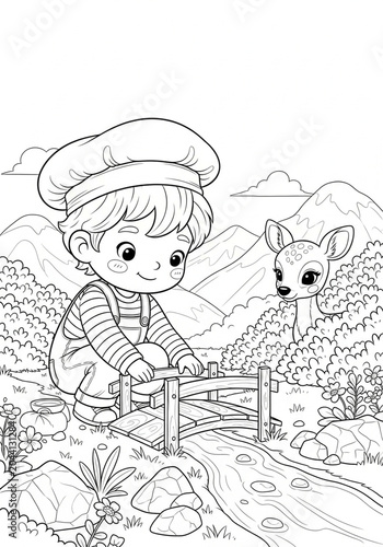 Young Boy Sketch with Baby Deer in Nature Scene.