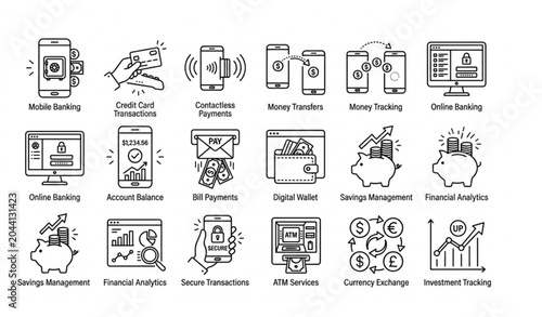 Bild auf Leinwand Financial management and mobile banking animated line icons