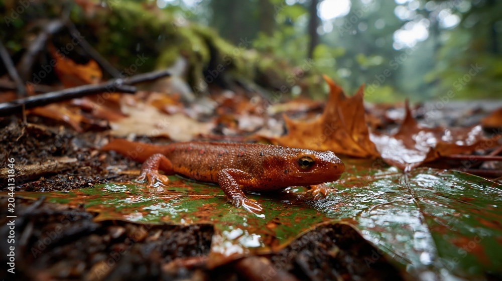 Fototapeta premium Vibrant Newt on Leaf in Forest Setting